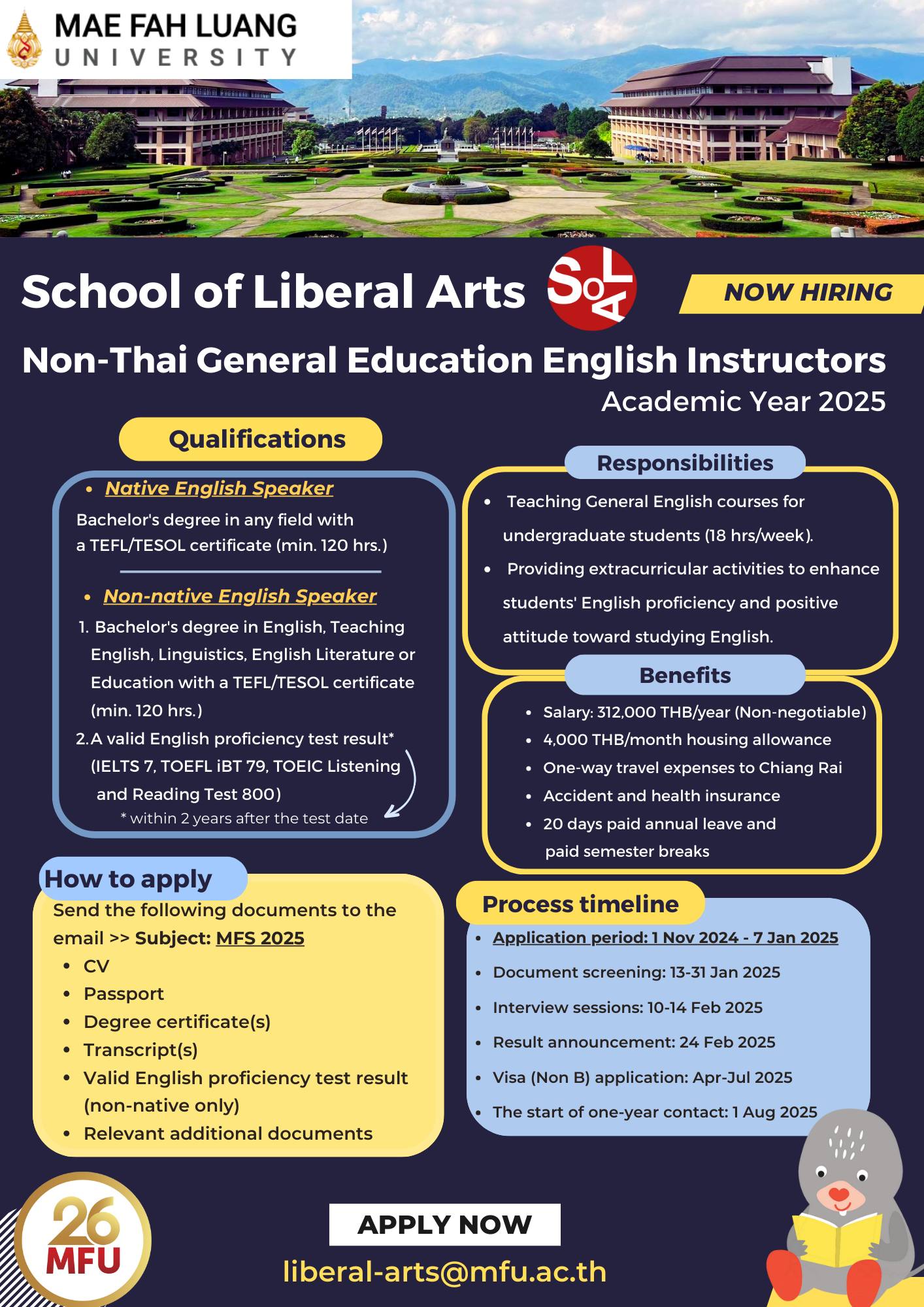 School of Liberal Arts is now accepting applicants for General English teaching positions!